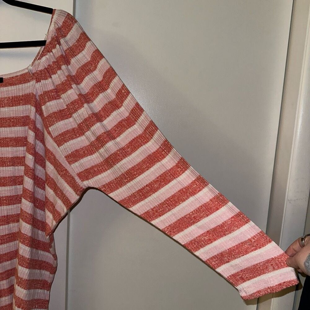 Lane Bryant Womens Red Pink White Stripe Elastic Square Neck Long Sleeve Shirt - Picture 4 of 12